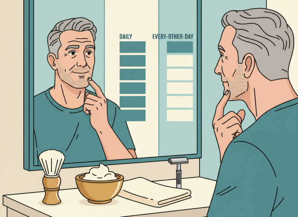 Illustration of a man checking stubble in the mirror with a simple weekly routine concept for how often to shave without irritation