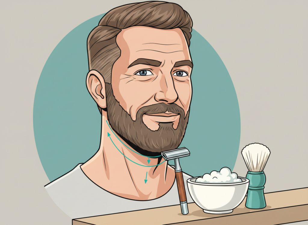 Illustration showing where to set a beard neckline for a clean look, with subtle guide lines under the jaw and above the Adam’s apple