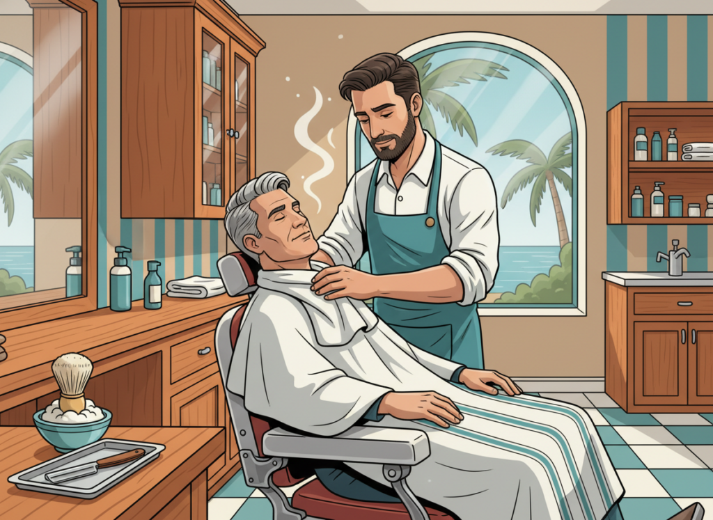Illustration of a steaming hot towel prep in a classic barbershop shave, with warm lather and shaving brush on the counter