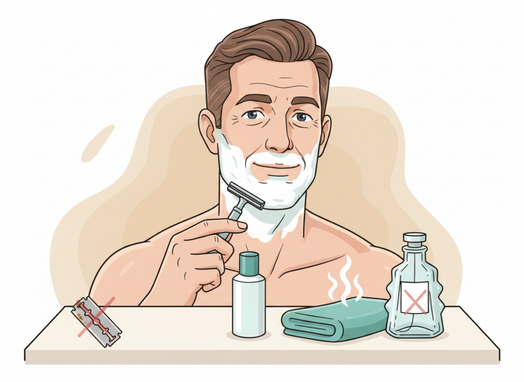 Illustration of gentle shaving technique for sensitive skin using warm lather and light pressure to reduce razor burn, redness, and neck irritation