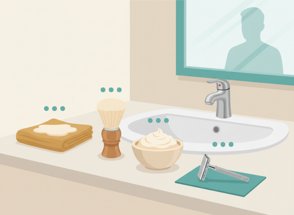 Illustration of a shave prep setup with warm towel, shaving brush and bowl, and a safety razor laid out for a clean, irritation-free shave