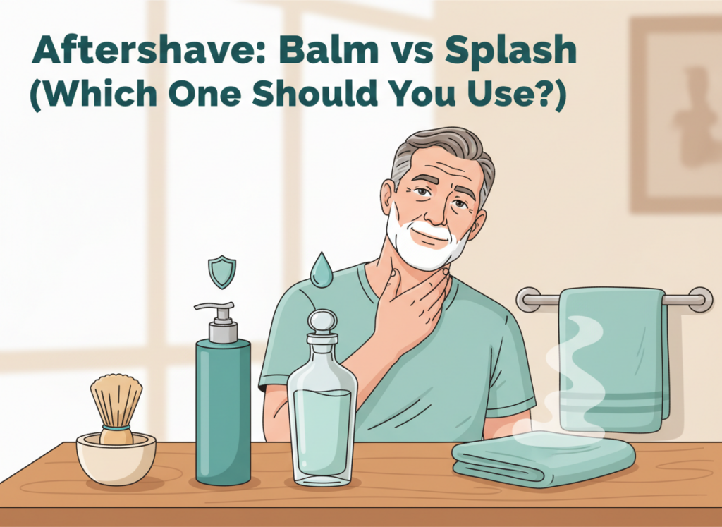 Illustration comparing aftershave balm and aftershave splash on a bathroom counter, showing post-shave comfort and options for sensitive skin
