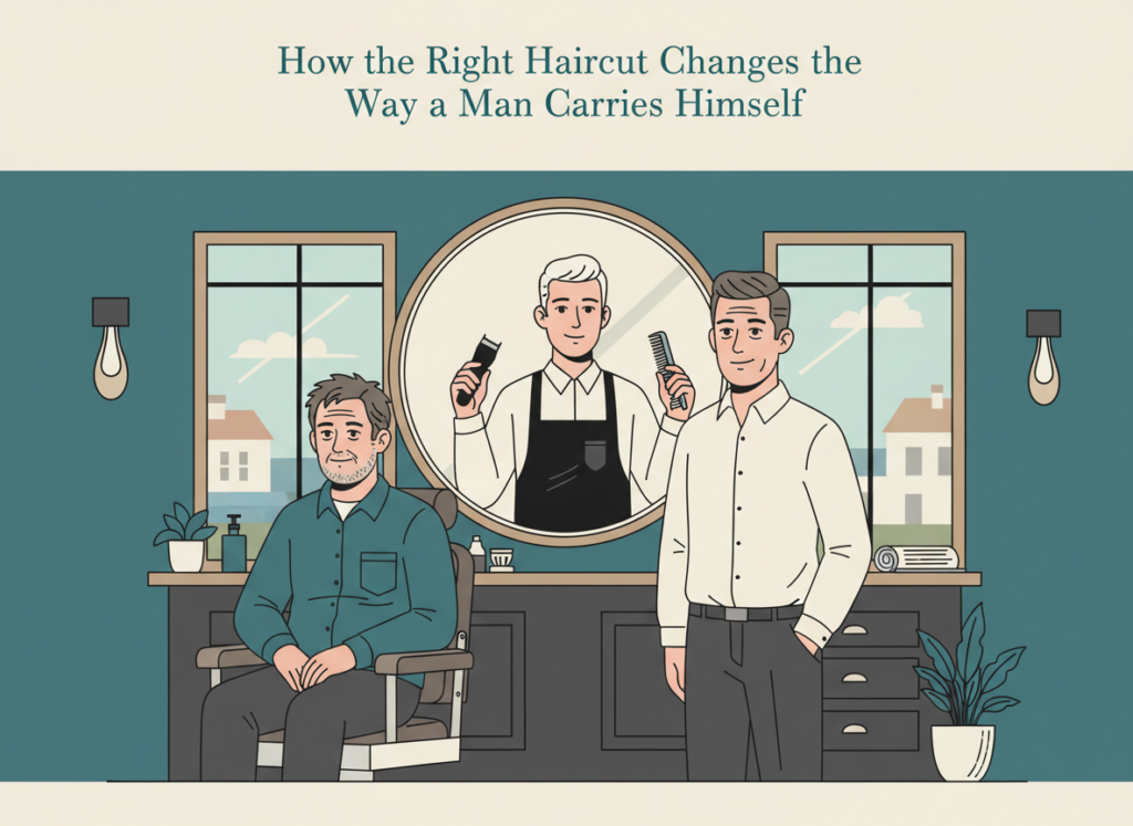 Illustration showing a middle-aged man in a traditional barbershop looking more confident and upright after getting the right haircut