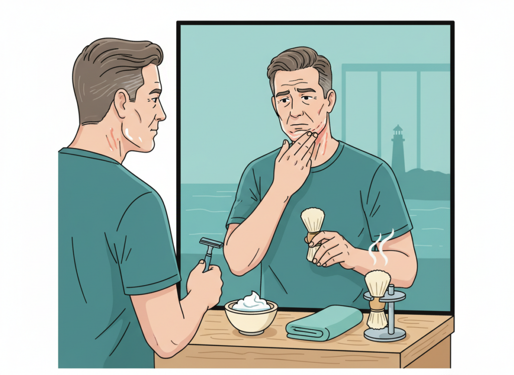 Illustration showing common shaving mistakes that cause irritation, including pressing too hard, poor lather prep, and redness on the neck
