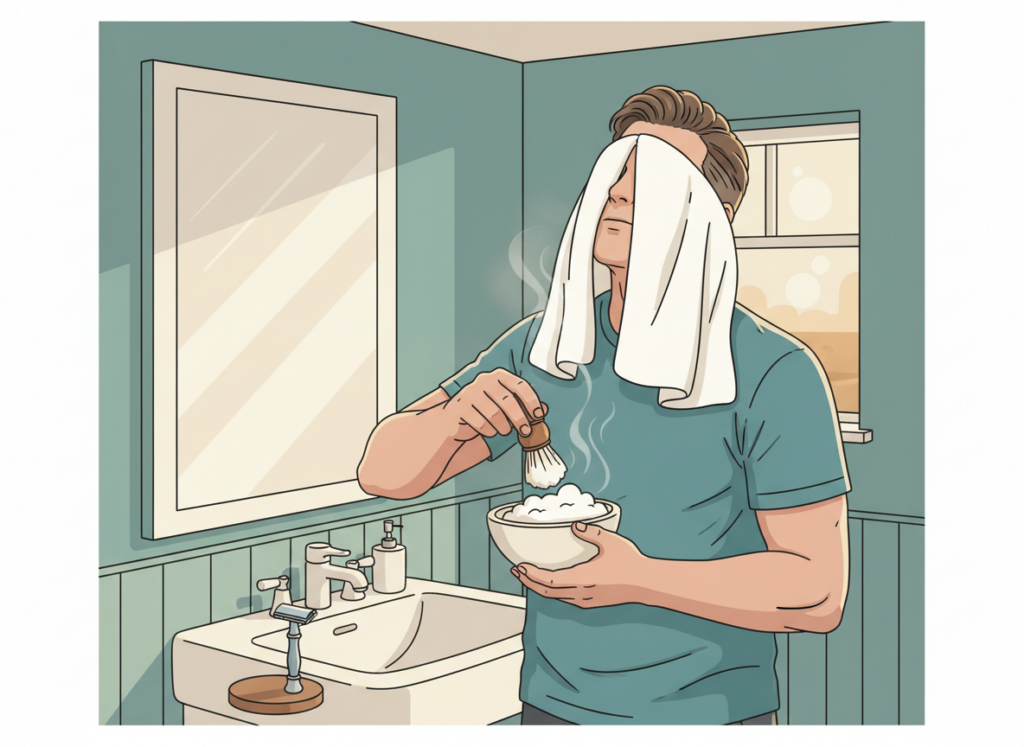 Illustration showing proper shave preparation with a hot towel, shaving brush, lather bowl, and traditional razor before a comfortable shave