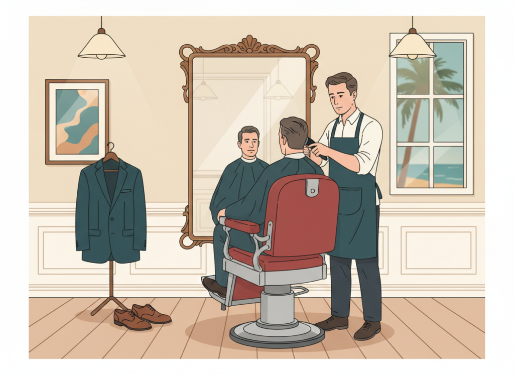 Illustration showing a man in a traditional barbershop getting a fresh haircut before an important event or special occasion