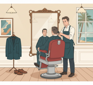 Illustration showing a man in a traditional barbershop getting a fresh haircut before an important event or special occasion