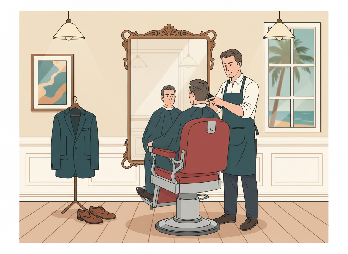 Illustration showing a man in a traditional barbershop getting a fresh haircut before an important event or special occasion