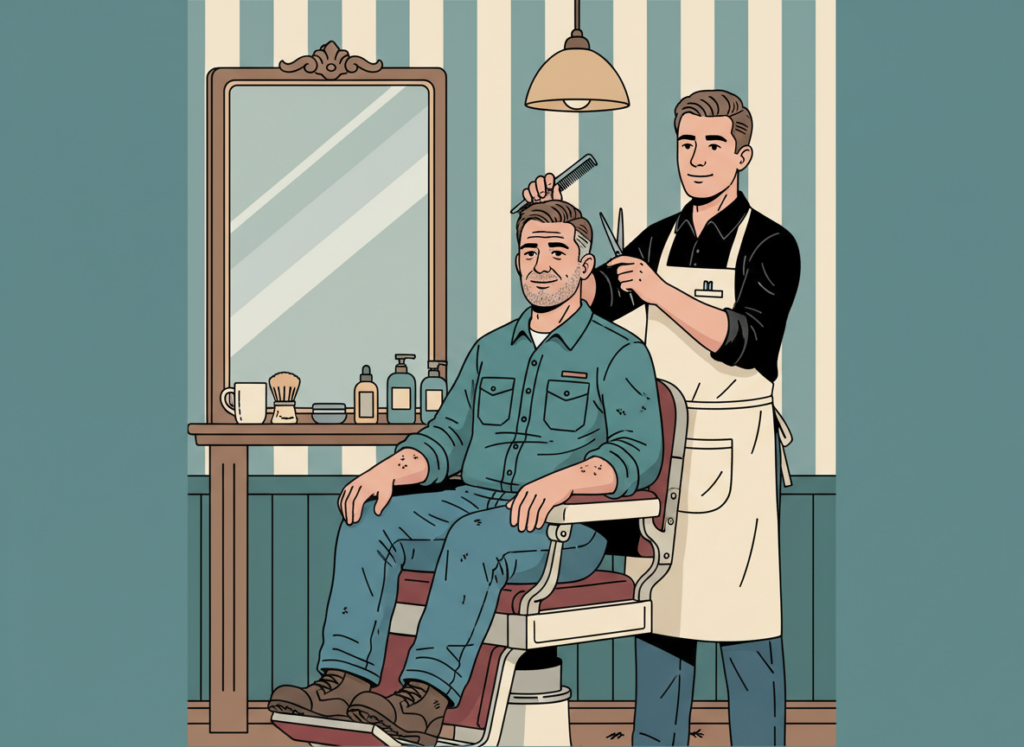 Illustration showing a blue collar worker in a traditional barbershop getting a fresh haircut after work in a classic setting
