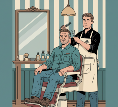 Illustration showing a blue collar worker in a traditional barbershop getting a fresh haircut after work in a classic setting