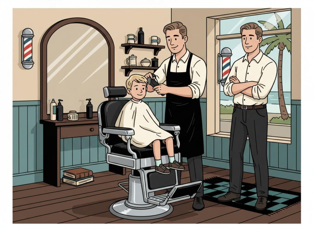 Illustration showing a father bringing his son to a traditional barbershop where a barber gives the boy a haircut in a classic setting