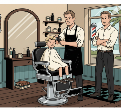 Illustration showing a father bringing his son to a traditional barbershop where a barber gives the boy a haircut in a classic setting