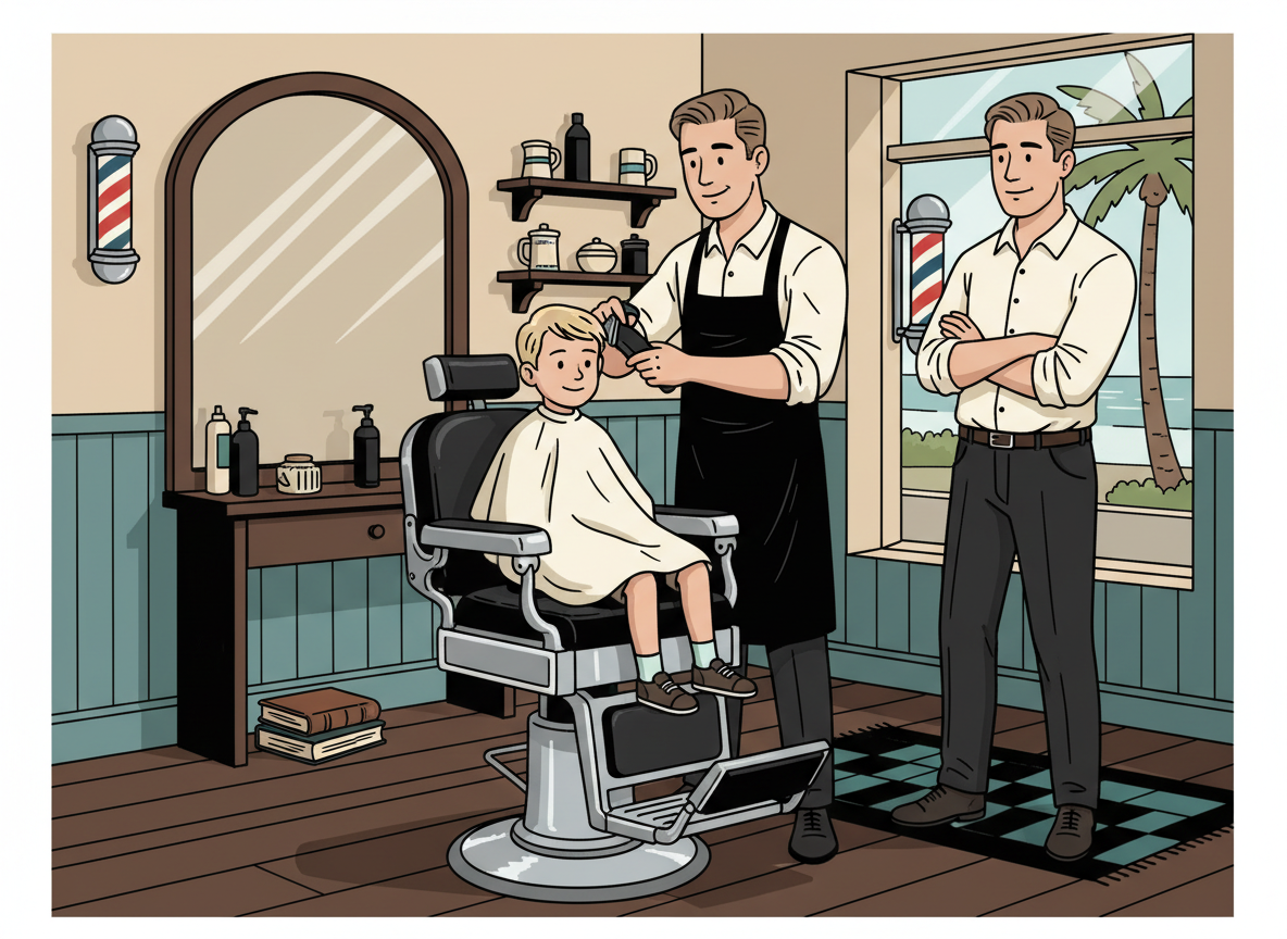Illustration showing a father bringing his son to a traditional barbershop where a barber gives the boy a haircut in a classic setting