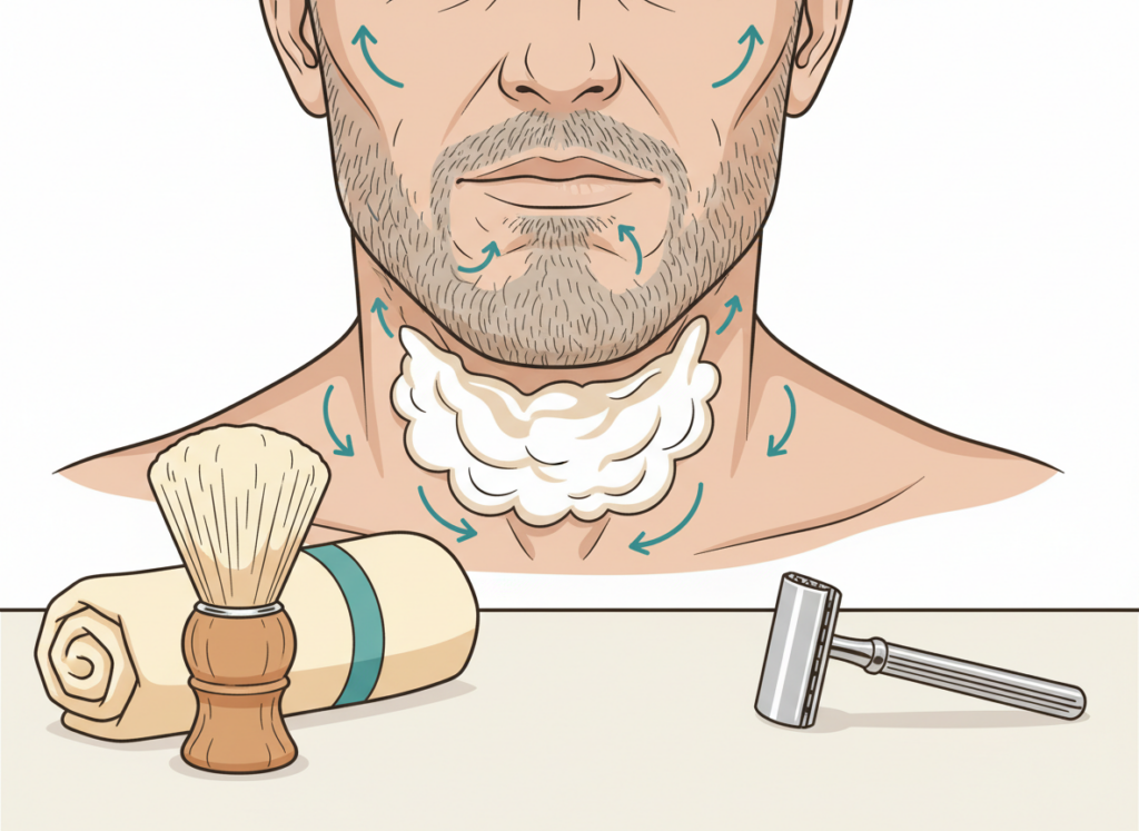 Illustration showing how beard hair grows in different directions on the neck compared to the face, explaining why neck shaving causes more irritation