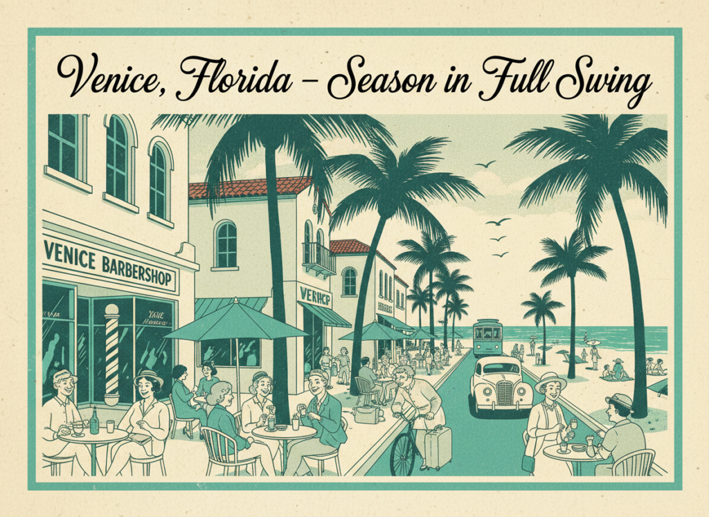 Vintage postcard illustration of downtown Venice, Florida during snowbird season, with busy sidewalks, palm trees, outdoor cafes, and beachgoers in the distance.