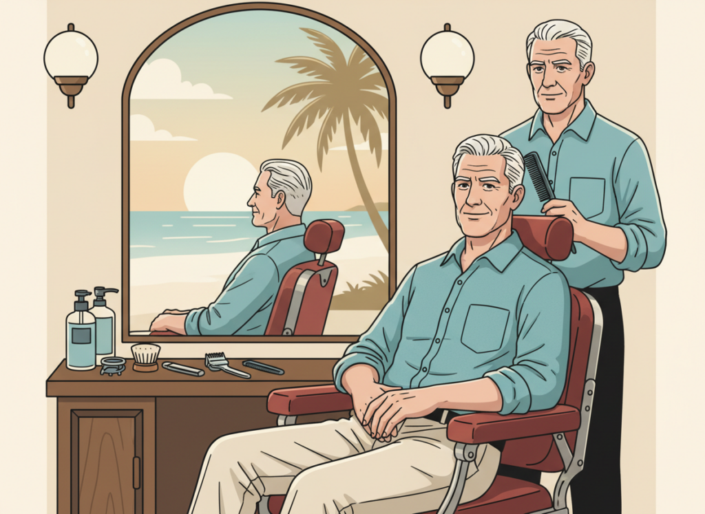 Illustration showing an older retired man in a traditional barbershop with a fresh haircut, relaxed posture, and confident expression