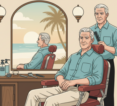 Illustration showing an older retired man in a traditional barbershop with a fresh haircut, relaxed posture, and confident expression