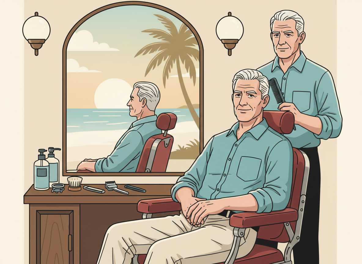 Illustration showing an older retired man in a traditional barbershop with a fresh haircut, relaxed posture, and confident expression
