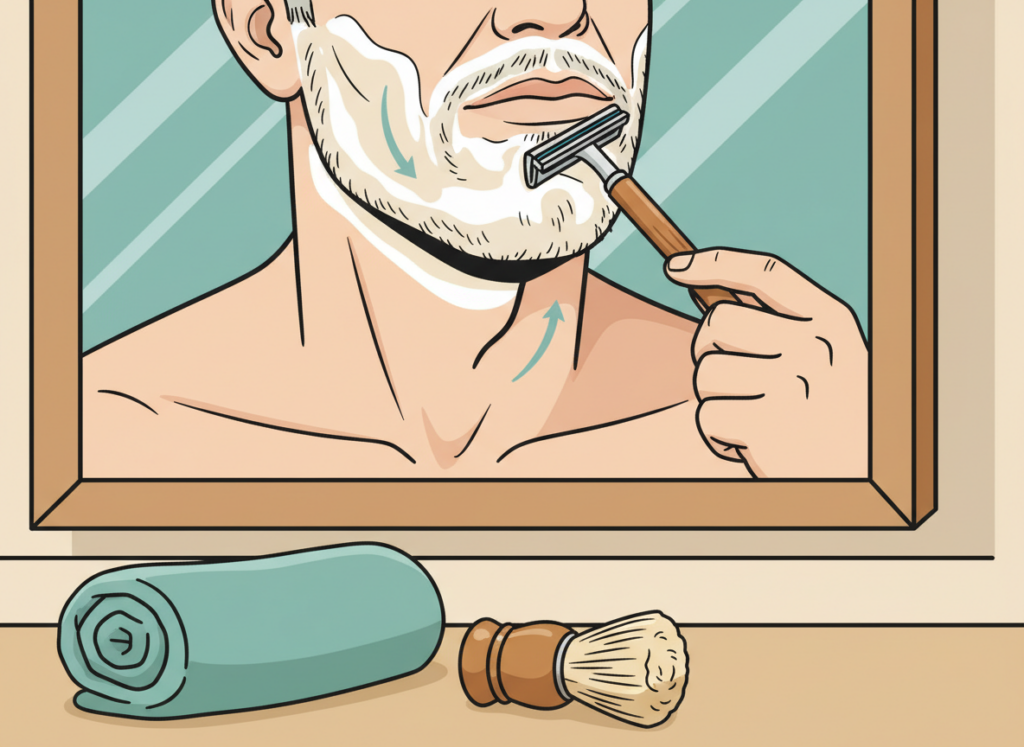 Illustration showing the difference between shaving with the grain and against the grain on a man’s neck and jawline with warm lather and a safety razor