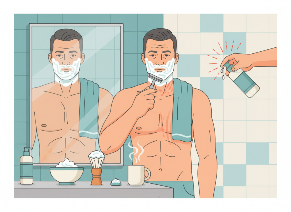 Illustration showing common shaving mistakes that cause razor burn, including too much pressure, dull blades, dry shaving, and harsh aftershave