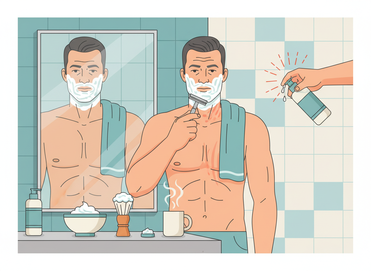 Illustration showing common shaving mistakes that cause razor burn, including too much pressure, dull blades, dry shaving, and harsh aftershave