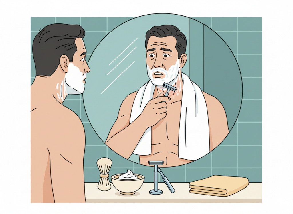 Illustration showing how too many razor passes on the neck can cause shaving irritation, redness, and overworked skin