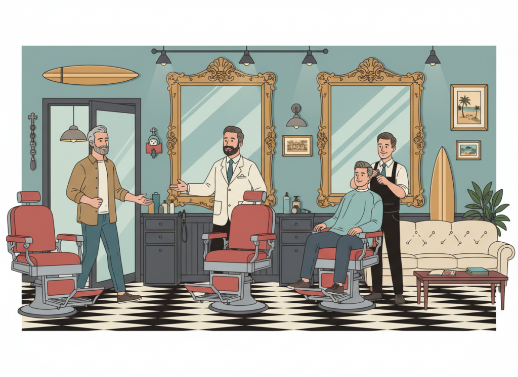Illustration showing a man walking into a traditional walk-in barbershop and being welcomed by a barber in a classic setting