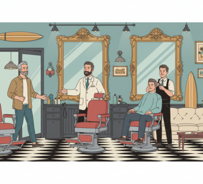Illustration showing a man walking into a traditional walk-in barbershop and being welcomed by a barber in a classic setting